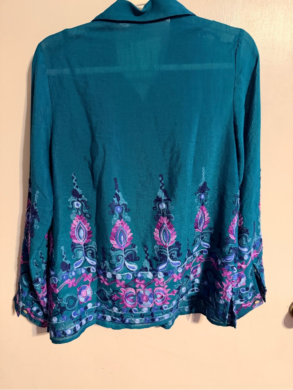 Embroidered Teal Boho Blouse S | Pintuck Top Anthropologie Style Boutique Chic - Picture 7 of 8